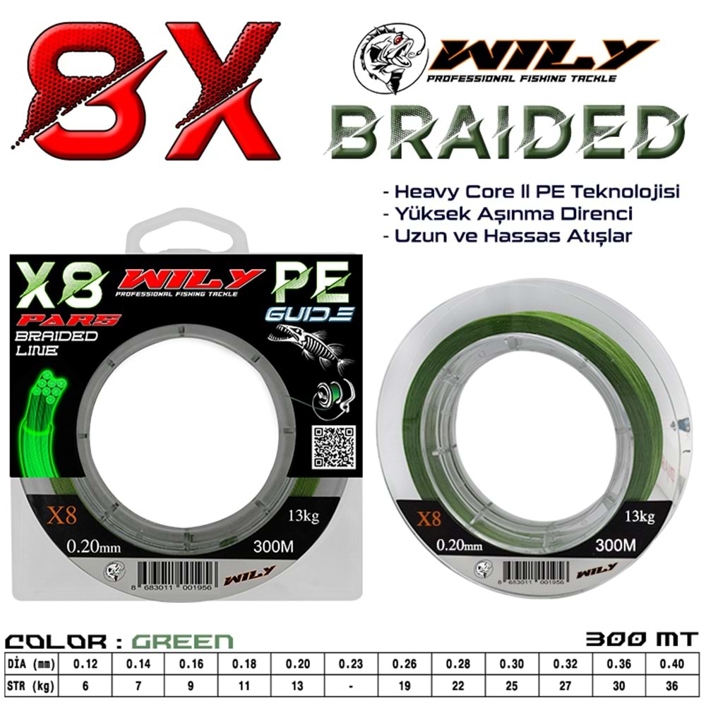 Wily Pars 8 Kat İp Misina 300 mt Yeşil - 0,08 MM